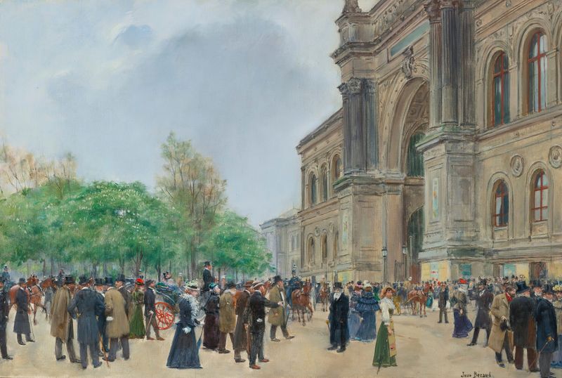 The Opening Day Of The Salon, oil on canvas by Jean Béraud, featuring a crowd engaged in conversation.