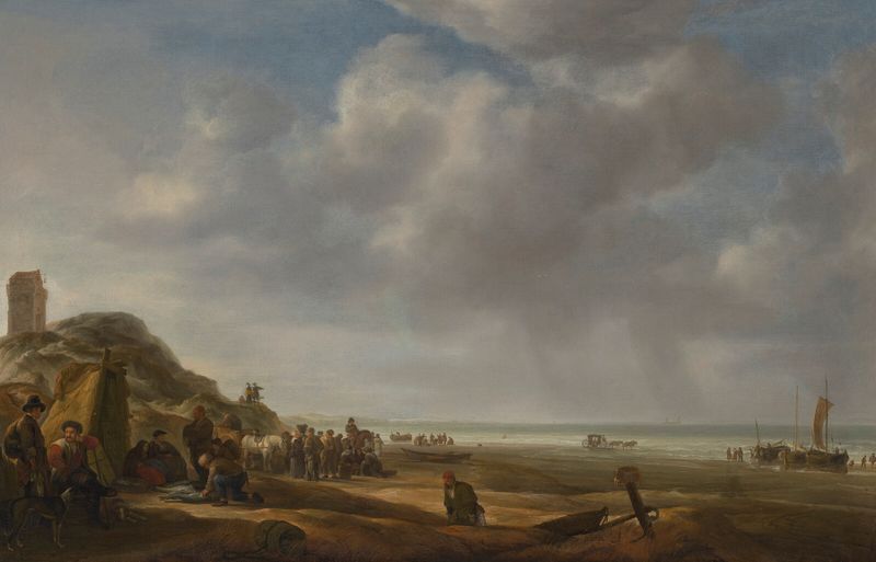 Fishermen displaying their catch at sunset, oil on canvas by Simon de Vlieger