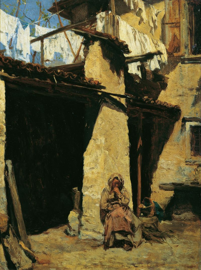 Escena de género que representa a una mujer campesina con luz natural, pintura al óleo de August von Pettenkofen