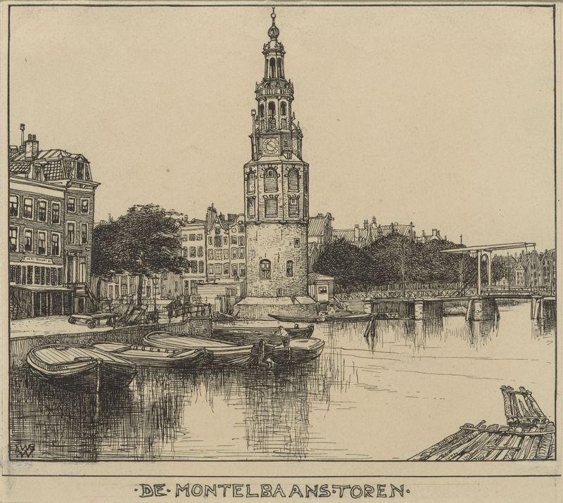 Montelbaans Toren te Amsterdam de Willem Wenckebach, pintura a óleo que retrata uma torre arquitetônica.