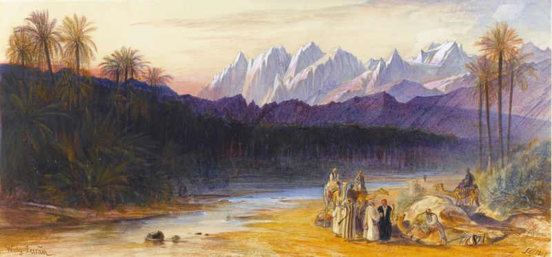 Escena de género que representa un campamento árabe en tonos tierra por Edward Lear, 1869