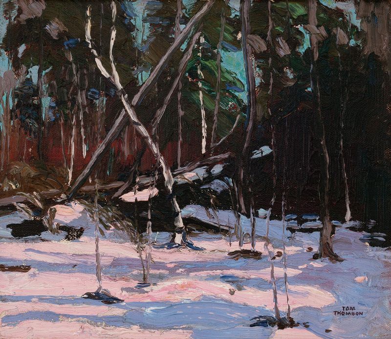 Winter landscape with snow and evergreens, oil on canvas by Tom Thomson
