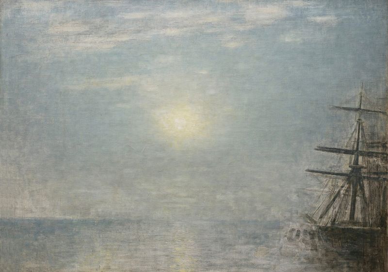 Marine scene by Vilhelm Hammershøi, depicting the sea and horizon in soft light, oil painting