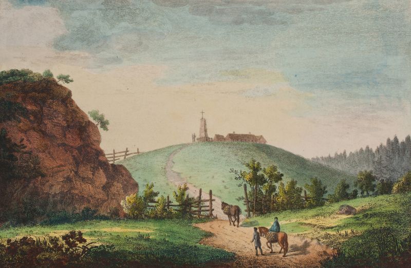 Kong Olufs Støtte i Wærdalen by Elias Meyer, oil on canvas depicting tranquil hills and water.