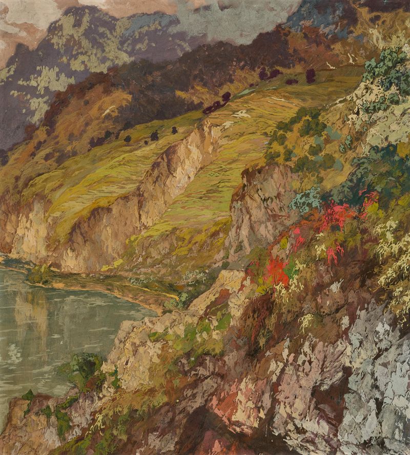 Alpine lake and rose, oil on canvas by Hugo Hodiener