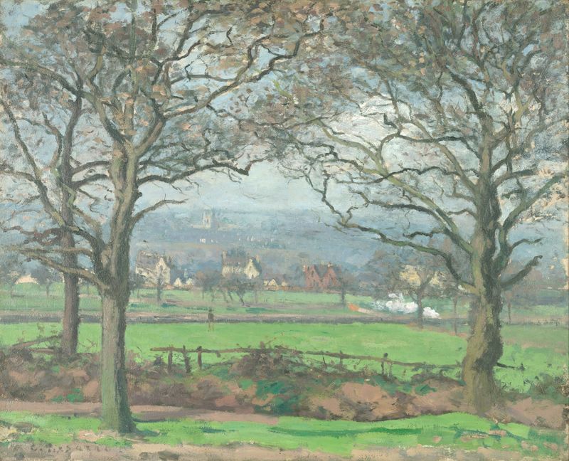 Paisagem com nuvens e árvores, pintura a óleo de Camille Pissarro