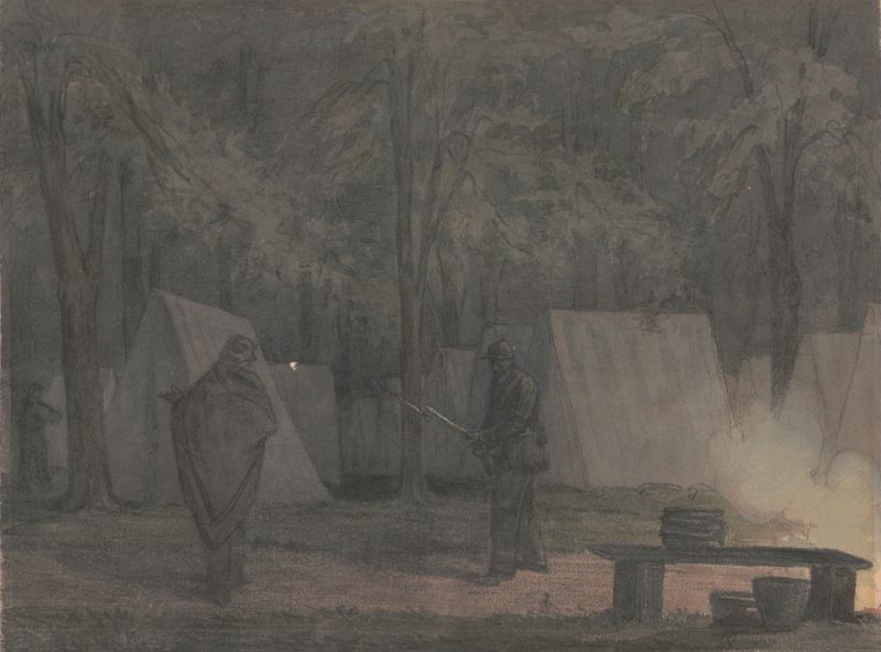 Historical drawing by James Fuller Queen depicting soldiers at Capitol grounds, 1862