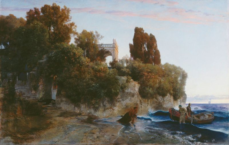 Castillo junto al mar y asesinato en el jardín del castillo de Arnold Böcklin, óleo