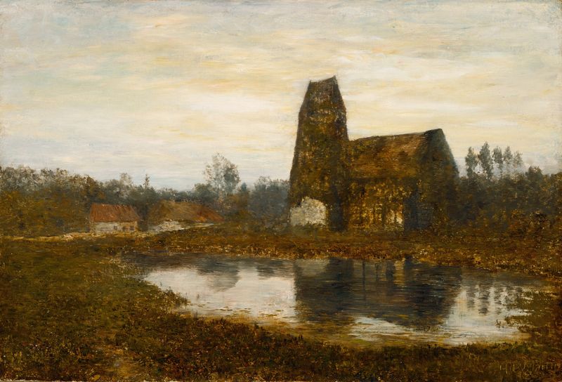 Criqueboeuf Church, Normandy de Homer Dodge Martin, pintura a óleo que retrata uma igreja em uma paisagem tranquila