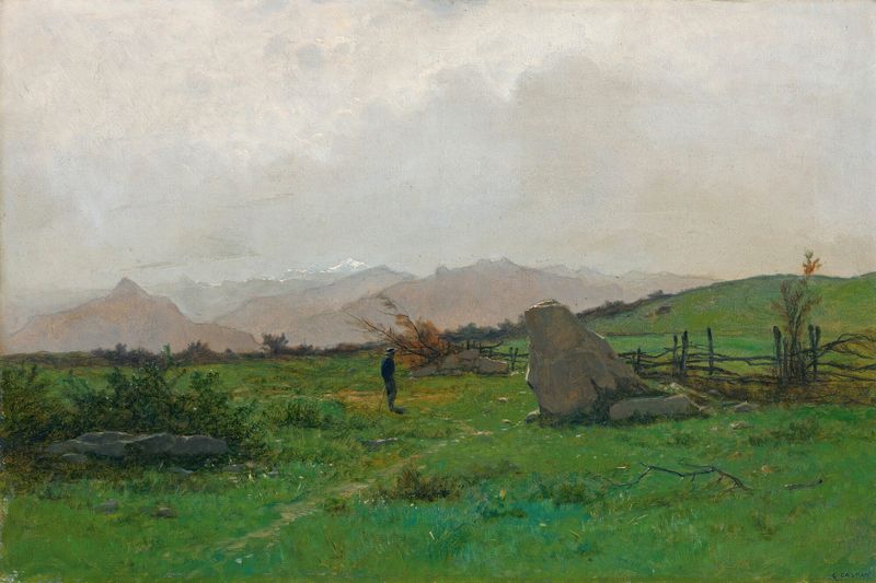Paisagem com caminhante, pintura a óleo de Gustave Castan