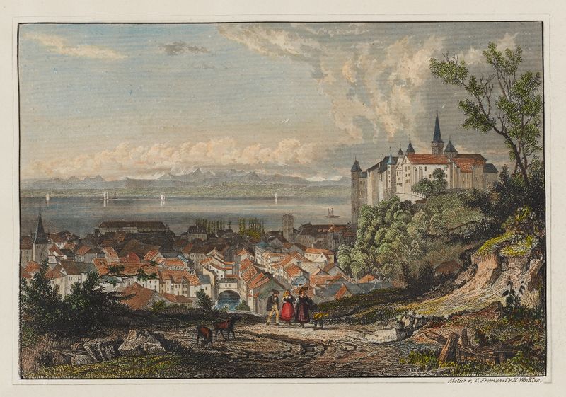 Paisagem de Neuenburg de Carl Ludwig Frommel, impressionismo, retratando uma vila sob um céu cerúleo