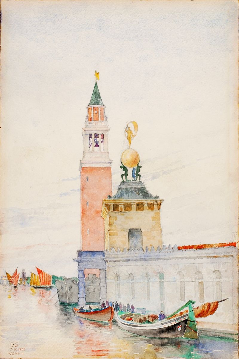 Venecia de Cass Gilbert, impresionismo, 1933, que representa canales y reflejos al atardecer