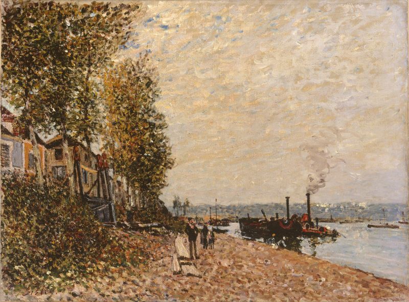Le remorqueur, le Loing à Saint-Mammès de Alfred Sisley, pintura a óleo de uma paisagem tranquila.