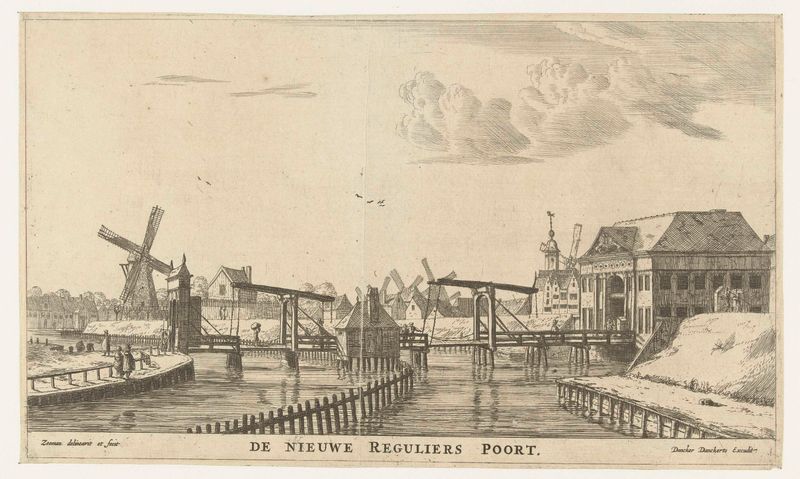 Gezicht op de Derde Regulierspoort te Amsterdam, grabado de Reinier Nooms que representa una puerta de la ciudad.