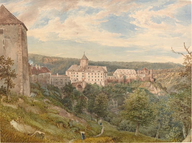 Eichhorn Castle at Evening, oil on canvas by Josef Höger, depicting lush foliage and castle ruins
