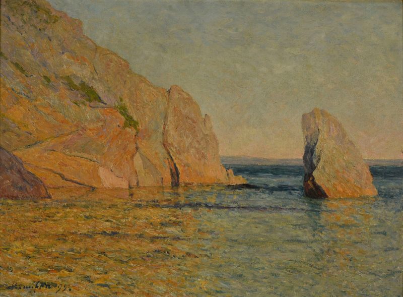 Rochers au soleil couchant, oil on canvas by Maxime Maufra, depicting a sunset over rocky landscape.