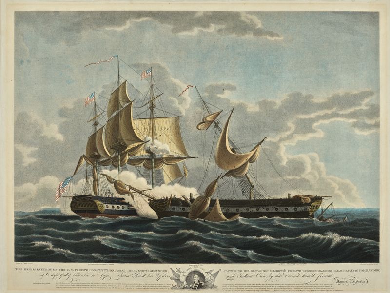 Grabado de Cornelius Tiebout que representa una batalla naval entre fragatas en el mar