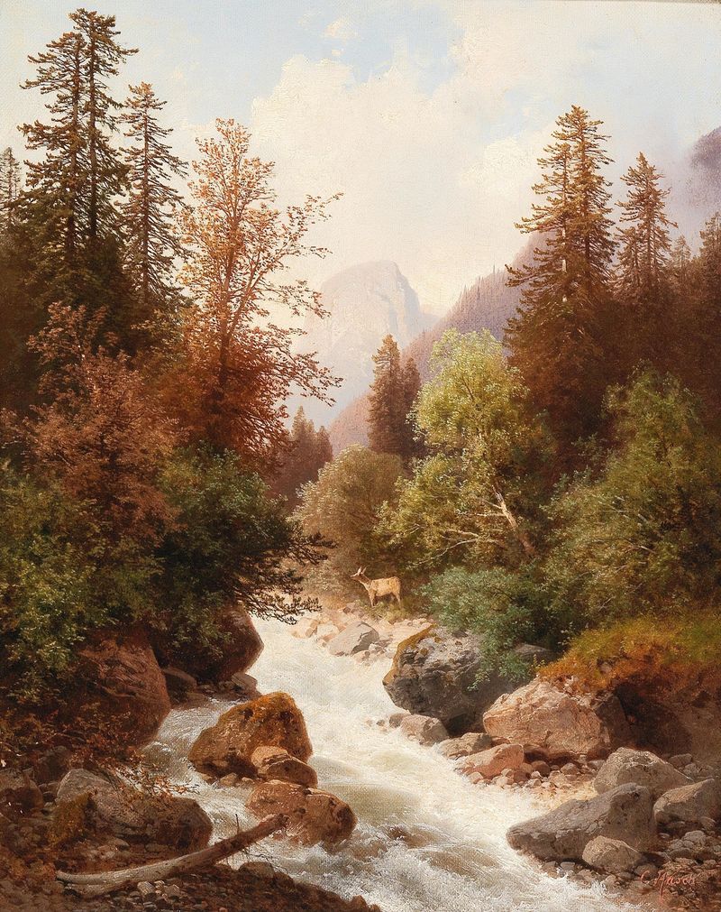 Landscape featuring a river and mountains, oil on canvas by Carl Hasch