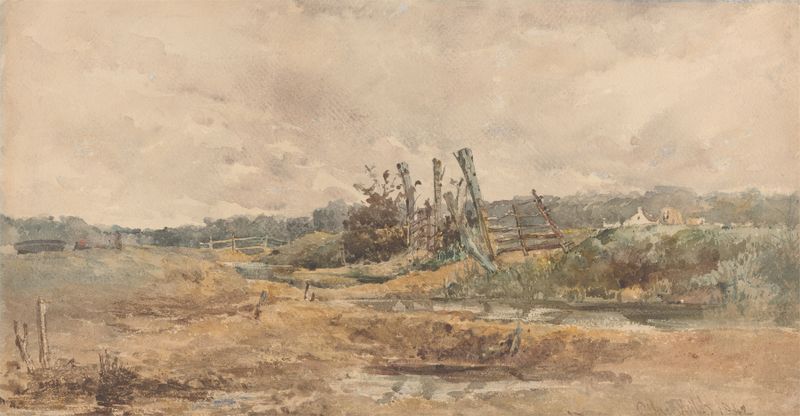 River Landscape de Alfred Downing Fripp, pintura al óleo que representa una escena de río tranquila