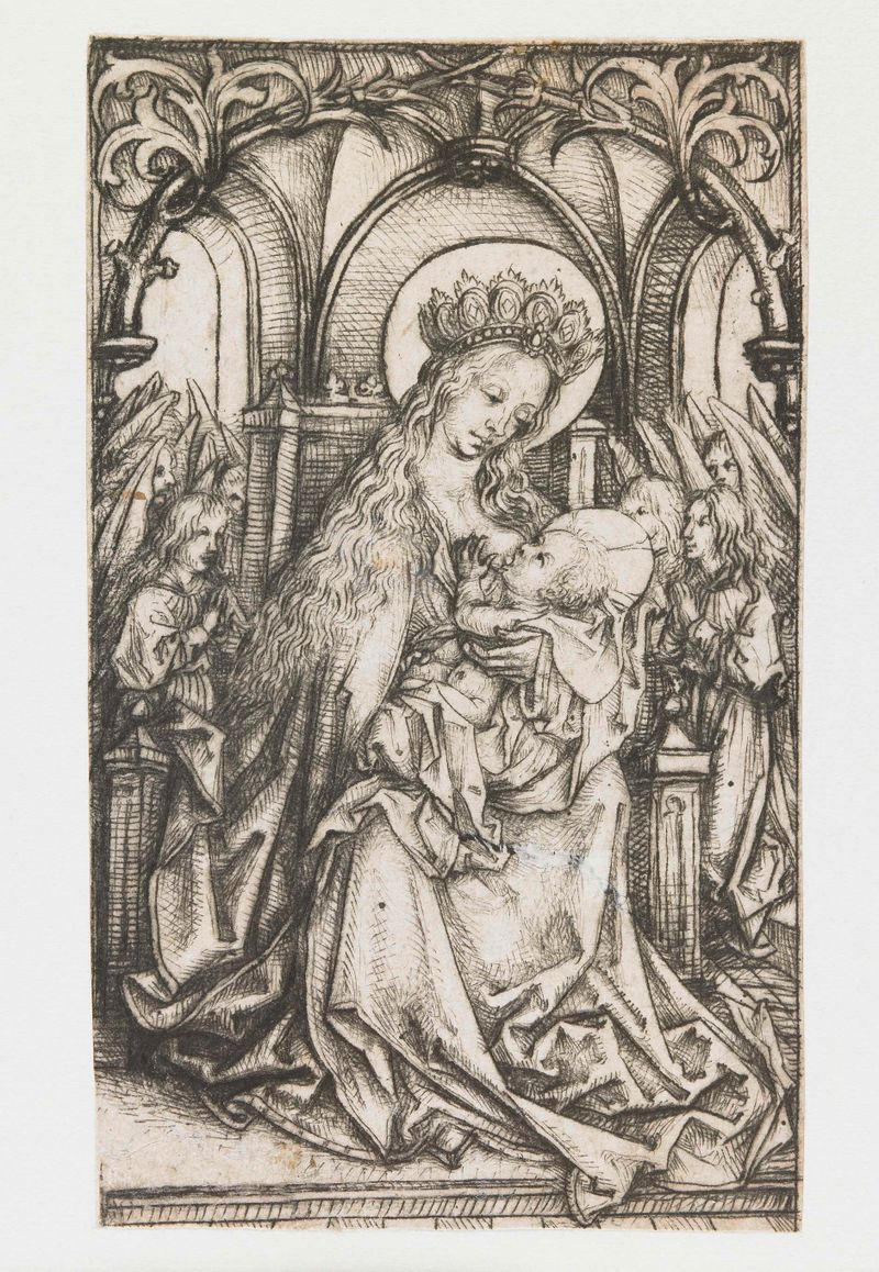 Religious drypoint by Meester van het Amsterdamse Kabinet depicting Madonna and angels.