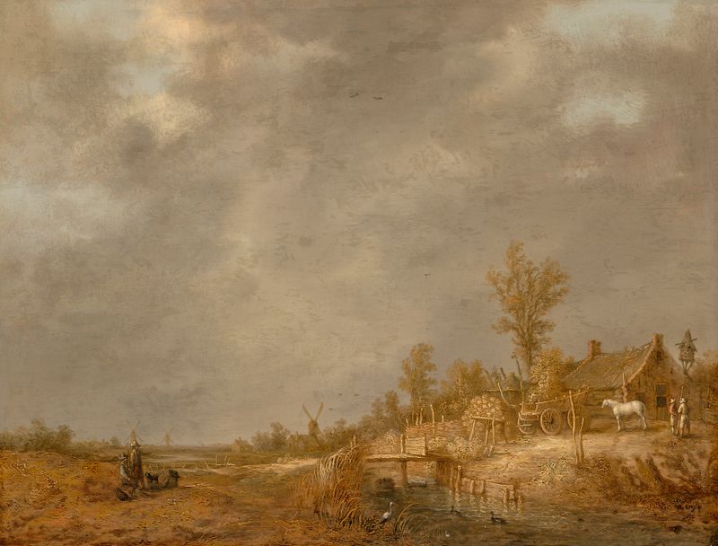 Paisagem do rio com viajantes, cavalo e carro, moinhos ao longe, Aelbert Cuyp, pintura a óleo