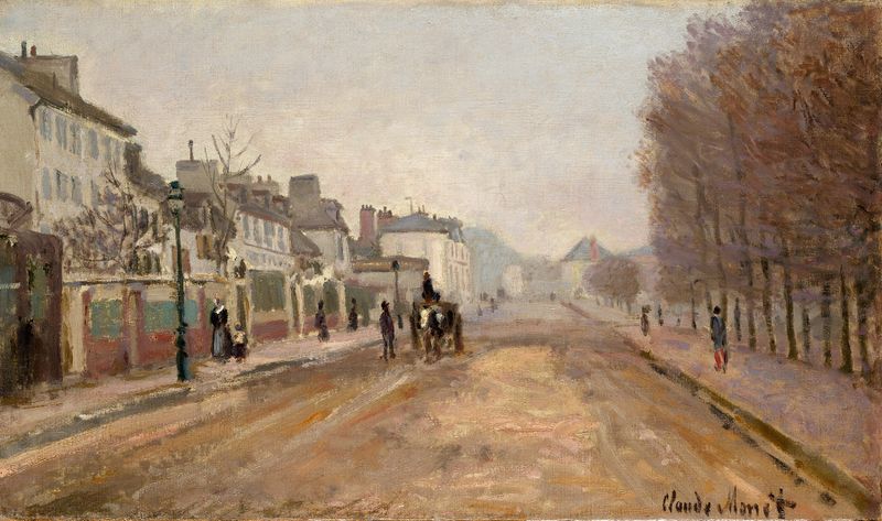 Boulevard Héloise, Argenteuil de Claude Monet, óleo sobre lienzo que representa figuras en una calle arbolada.