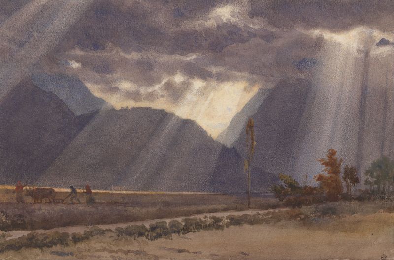Landscape near Ageles – Gazost by Edward John Poynter, oil painting depicting a tranquil valley at sunset.