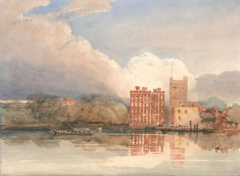 Vista del Palacio de Lambeth en el Támesis de David Cox, pintura al óleo que representa un paisaje de río tranquilo.