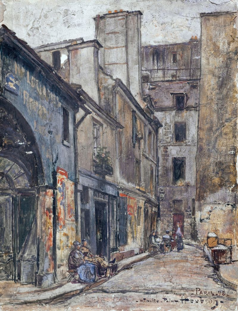 La rue Taille-Pain de Frédéric Houbron, óleo sobre tela que retrata uma rua urbana com árvores e luz.