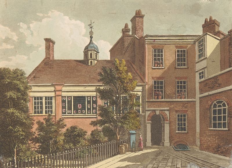 Barnard’s Inn by Samuel Ireland, oil painting depicting an elegant building with golden light and shadows.