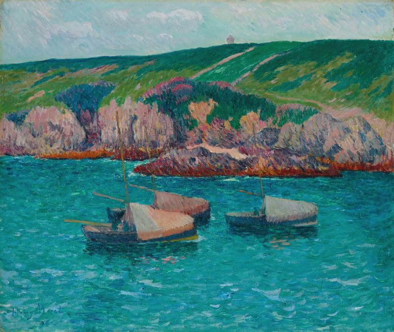 Les Barques à Doëlan by Henry Moret, oil painting of boats on calm water