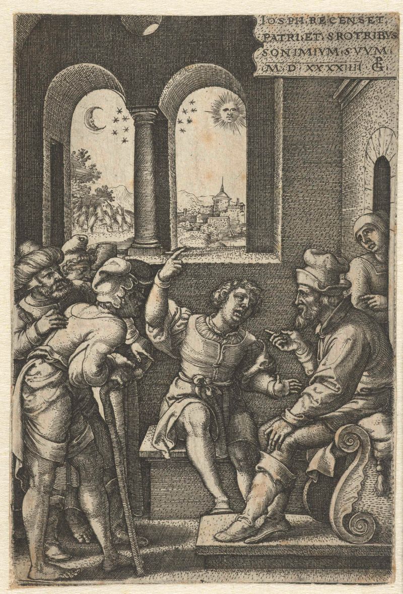 Grabado de Georg Pencz que muestra a José compartiendo sueños con Jacob