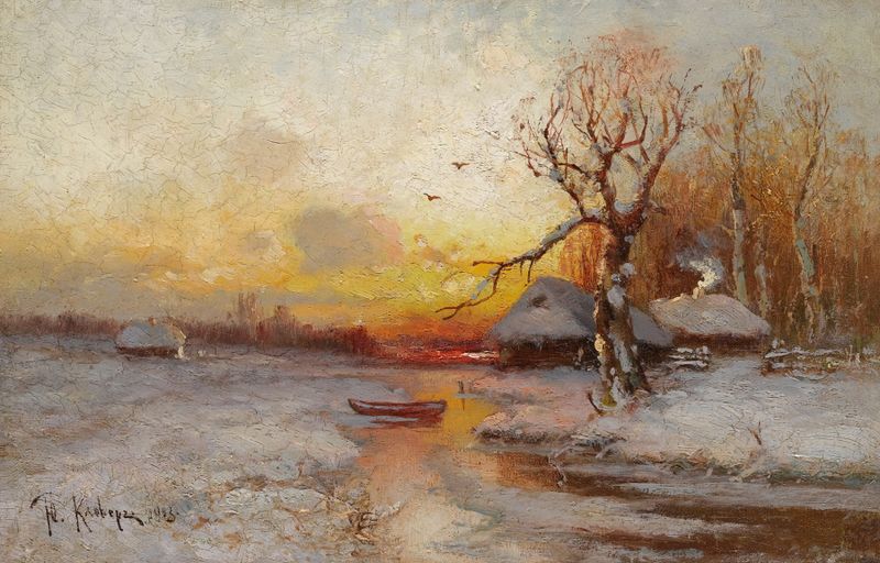 Winter Sunset by Julius Sergius Klever, oil on canvas depicting a snowy landscape at twilight.
