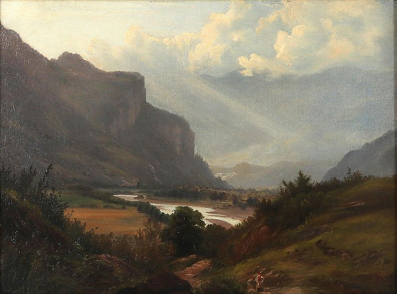 Golling Bei Salzburg de Anton Hansch, óleo sobre lienzo que representa un paisaje tranquilo con un río y colinas.