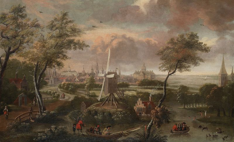 Paisagem representando Amsterdã com luz dourada, Unknown Artist
