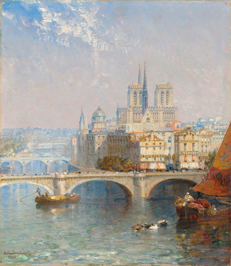 Impressionist oil painting by Arthur Joseph Meadows depicting Notre Dame against a vibrant sky.