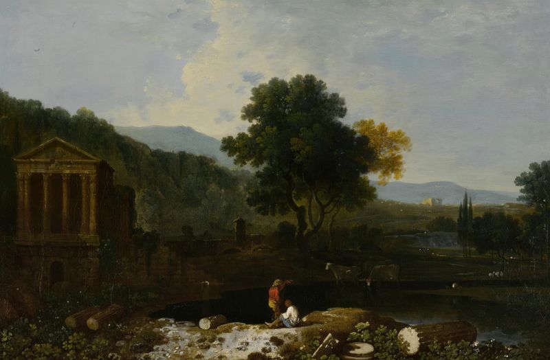 Landscape depicting an Italian river scene with figures and cows by Richard Wilson