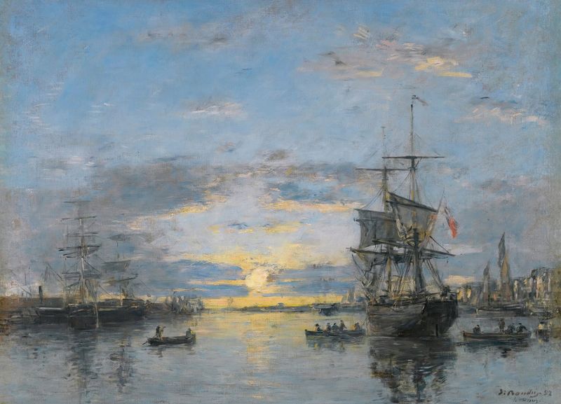 Le Havre. L’avant-Port Au Soleil Couchant de Eugène Boudin, pintura a óleo que mostra um pôr do sol sobre o porto.