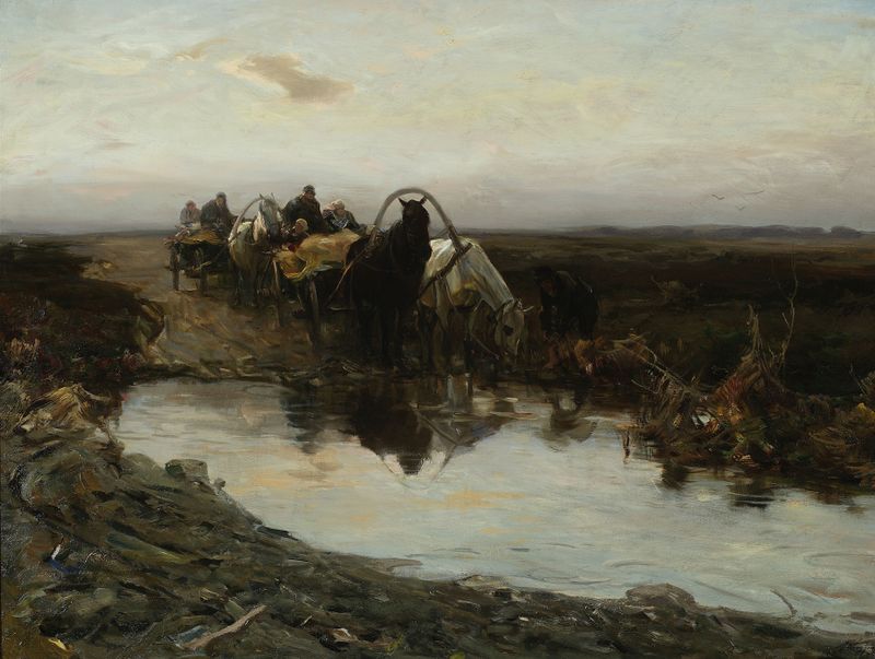 Peasant carts in front of a puddle, oil on canvas by Alfred von Wierusz-Kowalski
