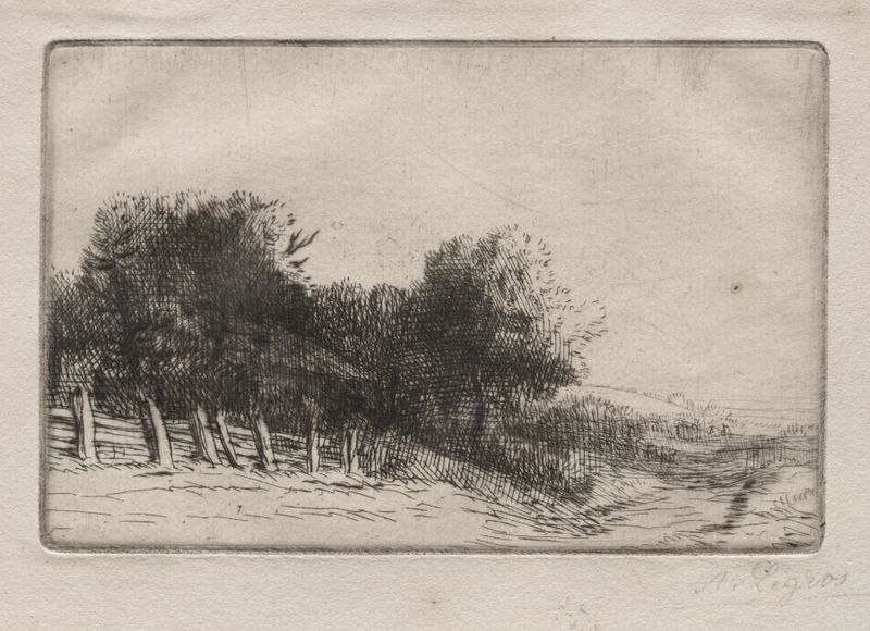 Landscape 8 de Alphonse Legros, pintura al óleo que muestra un paisaje tranquilo con grises suaves y verdes profundos.