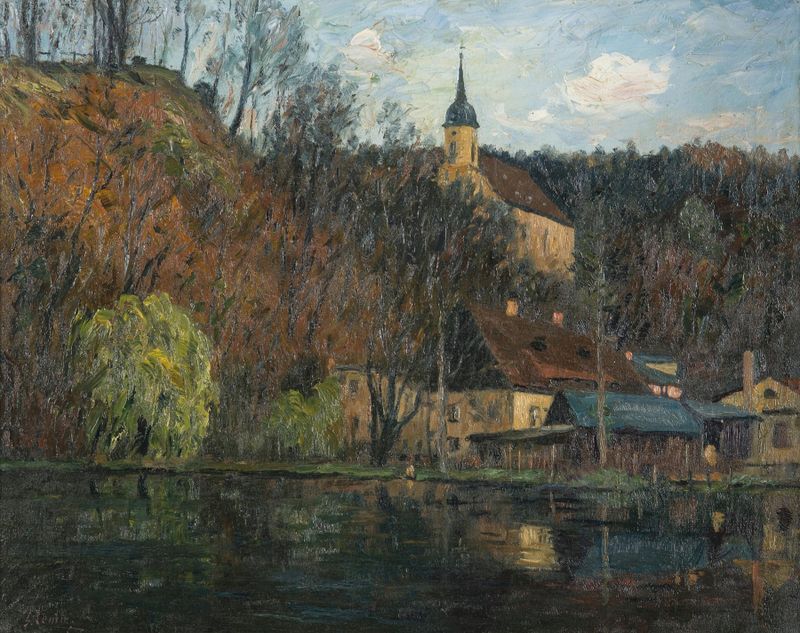 Paisagem de O Lago do Castelo em Tharandt de Georg Lemm, pintura a óleo