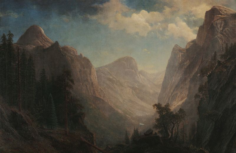 Paisaje del Valle de Yosemite con acantilados de granito por Albert Bierstadt, pintura al óleo
