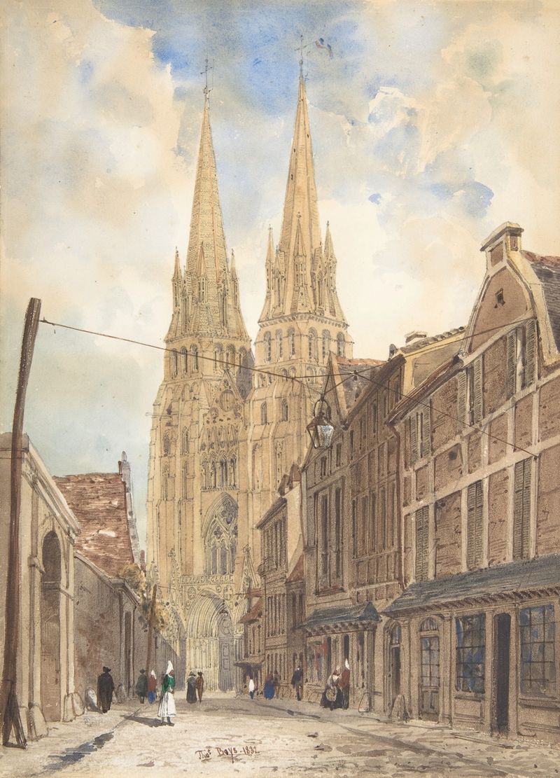 View of Bayeux de Thomas Shotter Boys, pintura al óleo que muestra un río, una aldea y campos