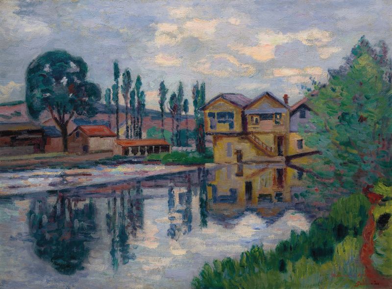 La scierie de Poitiers, óleo sobre tela de Armand Guillaumin mostrando um serralheiro e árvores.