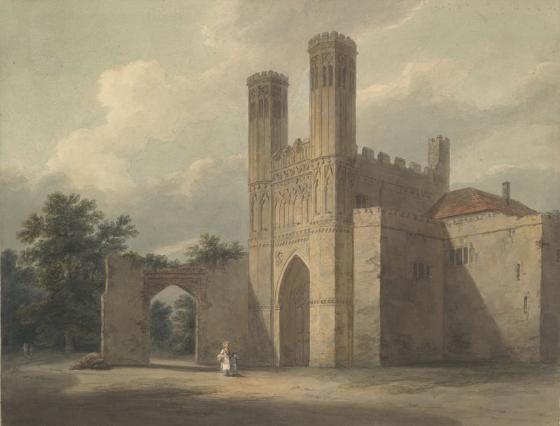 Entrance to Monastary of St. Augustine by Edward Dayes, oil painting of a grand monastery facade.