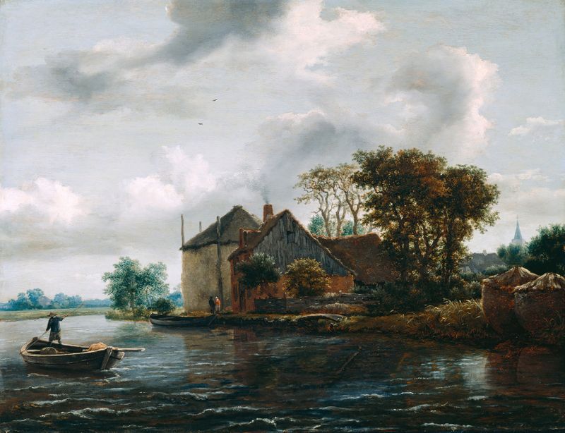Farm and Hayrick on a River, óleo sobre tela de Jacob van Ruisdael