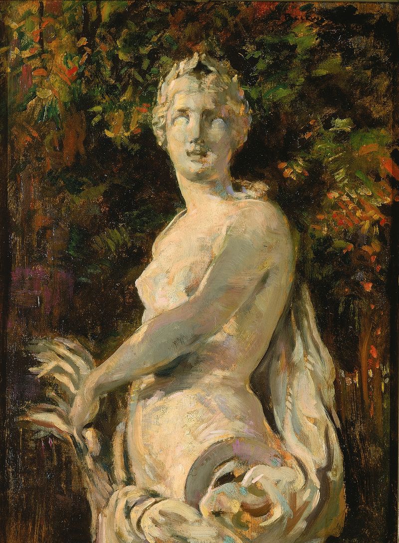 Pintura figurativa al óleo de James Carroll Beckwith de una figura etérea en ropas fluidas