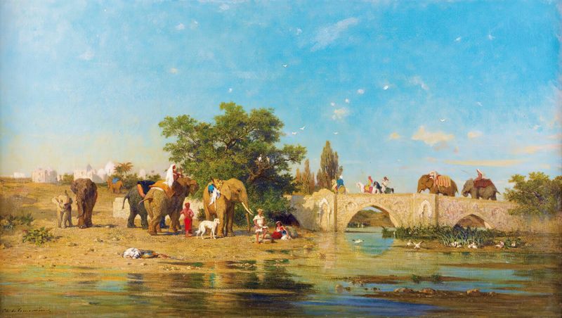Elephants by a river, oil painting by Charles de Tournemine