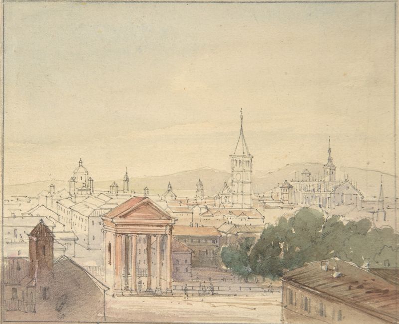 Vista de Milán, óleo sobre lienzo de Adrian Ludwig Richter, con un horizonte al atardecer y nubes.