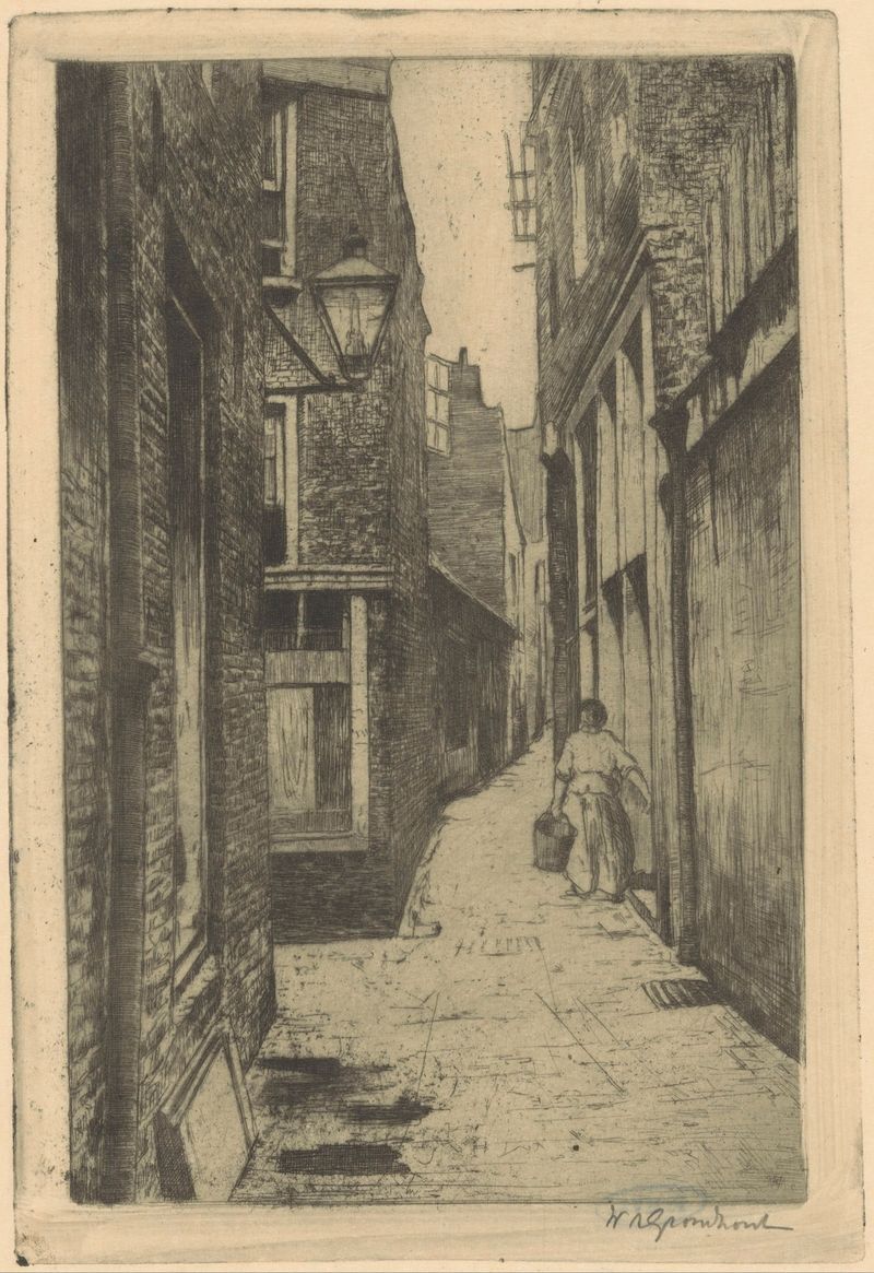 Pintura al óleo de paisaje de Willem Adrianus Grondhout que muestra una calle iluminada por el sol con adoquines y árboles.